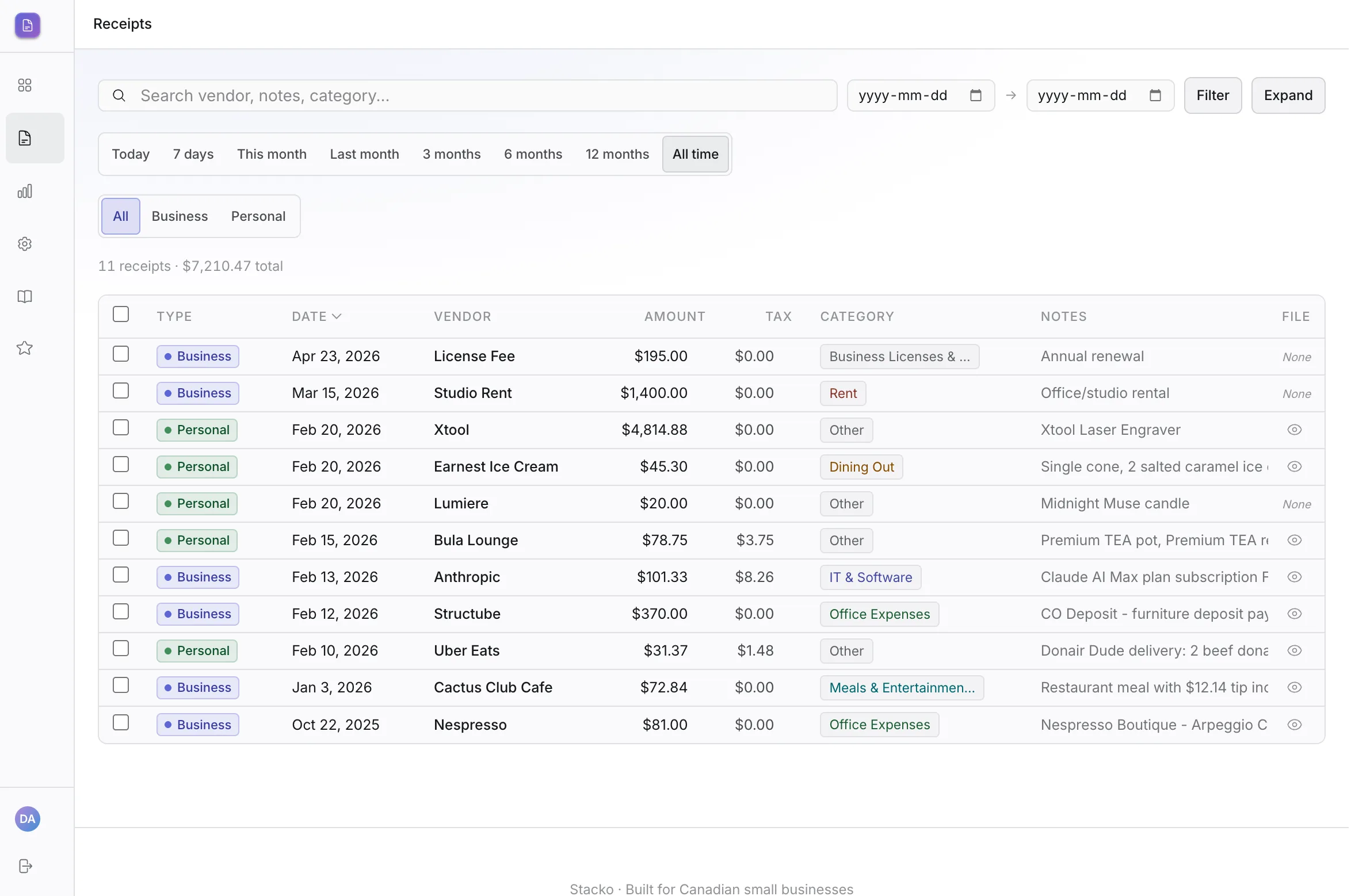 Stacko receipts table showing categorized expenses with attached receipt files